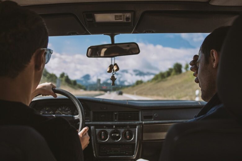 driving, friends, roadtrip, car, mountains, mirror, nature, car wallpapers, freedom, oldtimer, brown mirror