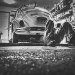 man, car, repair, car repair, car workshop, repair shop, car wallpapers, repairs, garage, mechanic, vw beetle, volkswagen, beetle, automotive, workshop, tools, supplies, monochrome, black and white